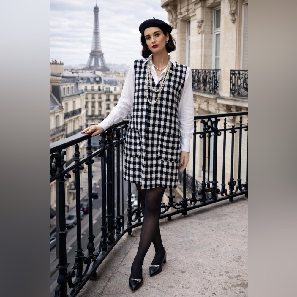 🧵 HANDMADE (by me!) Black and White Checkered Tweed Vest Dress M/L